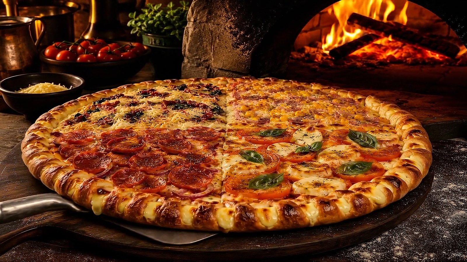 Pizza assada e dourada saindo do forno